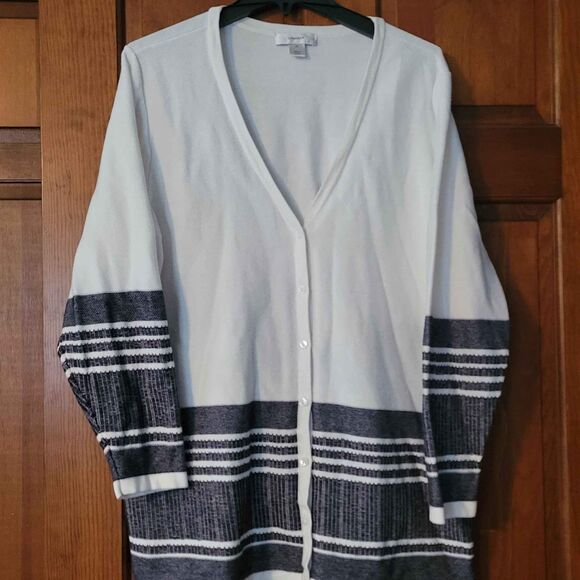 Women's Size 2X CJ Banks Long Sleeve V-neck Cardigan White Navy Read Description - Picture 1 of 6